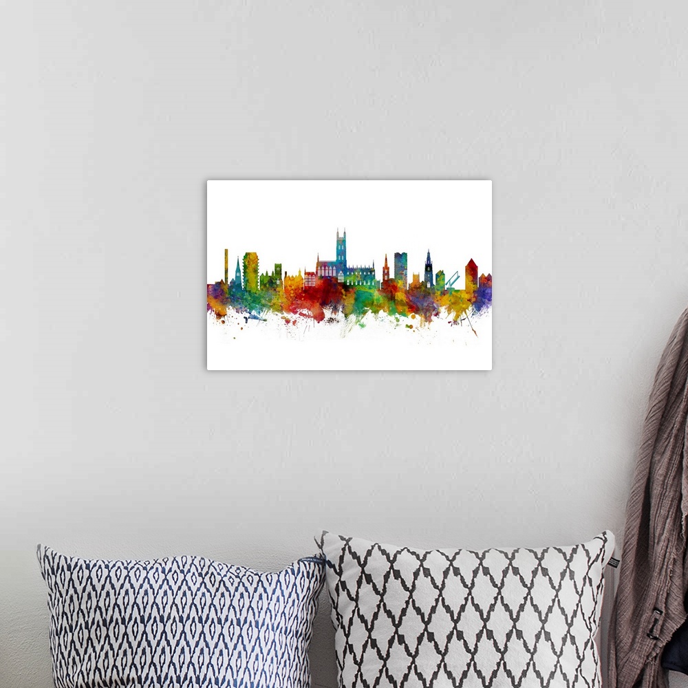 A bohemian room featuring Watercolor art print of the skyline of Gloucester, England, United Kingdom.