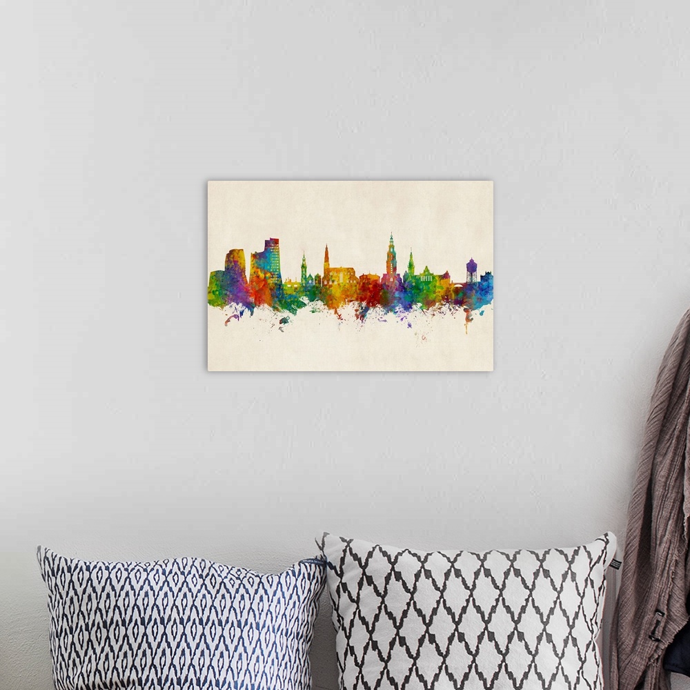 A bohemian room featuring Watercolor art print of the skyline of Groningen, The Netherlands