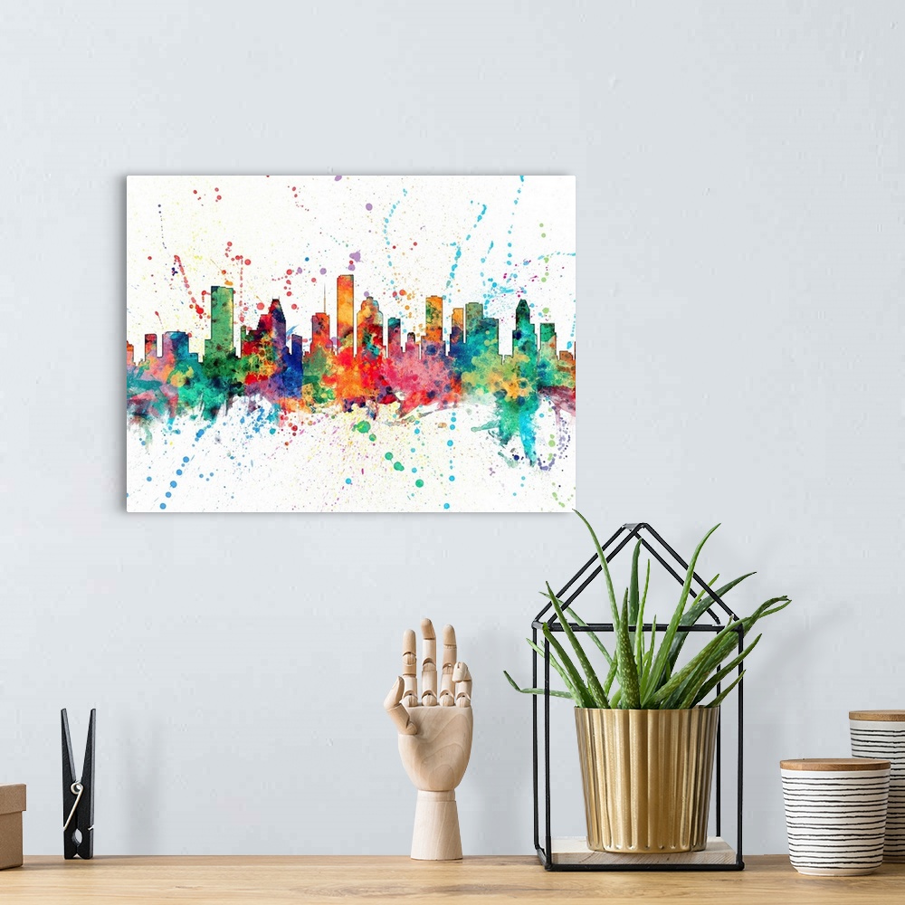 A bohemian room featuring Wild and vibrant paint splatter silhouette of the Houston skyline.