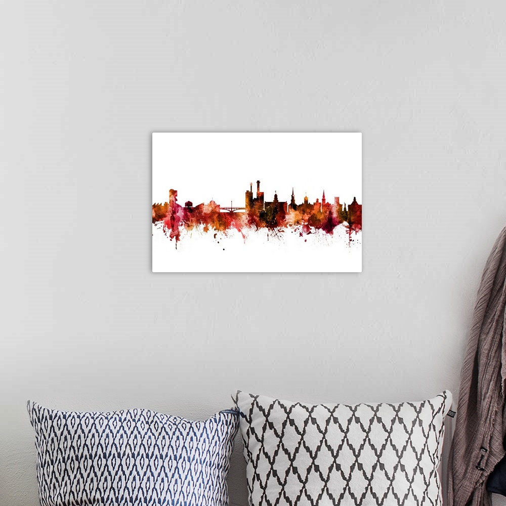 A bohemian room featuring Watercolor art print of the skyline of Iowa City, Iowa, United States.