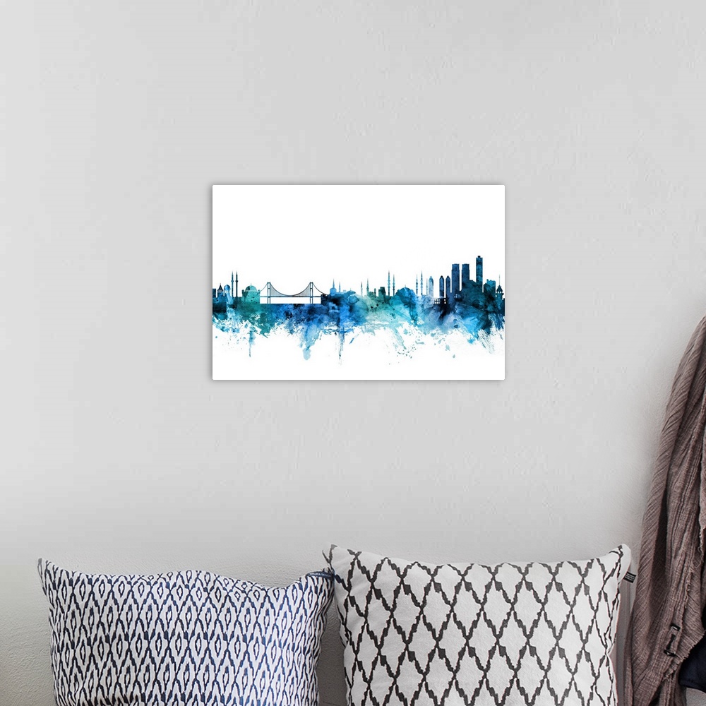 A bohemian room featuring Watercolor art print of the skyline of Istanbul, Turkey.