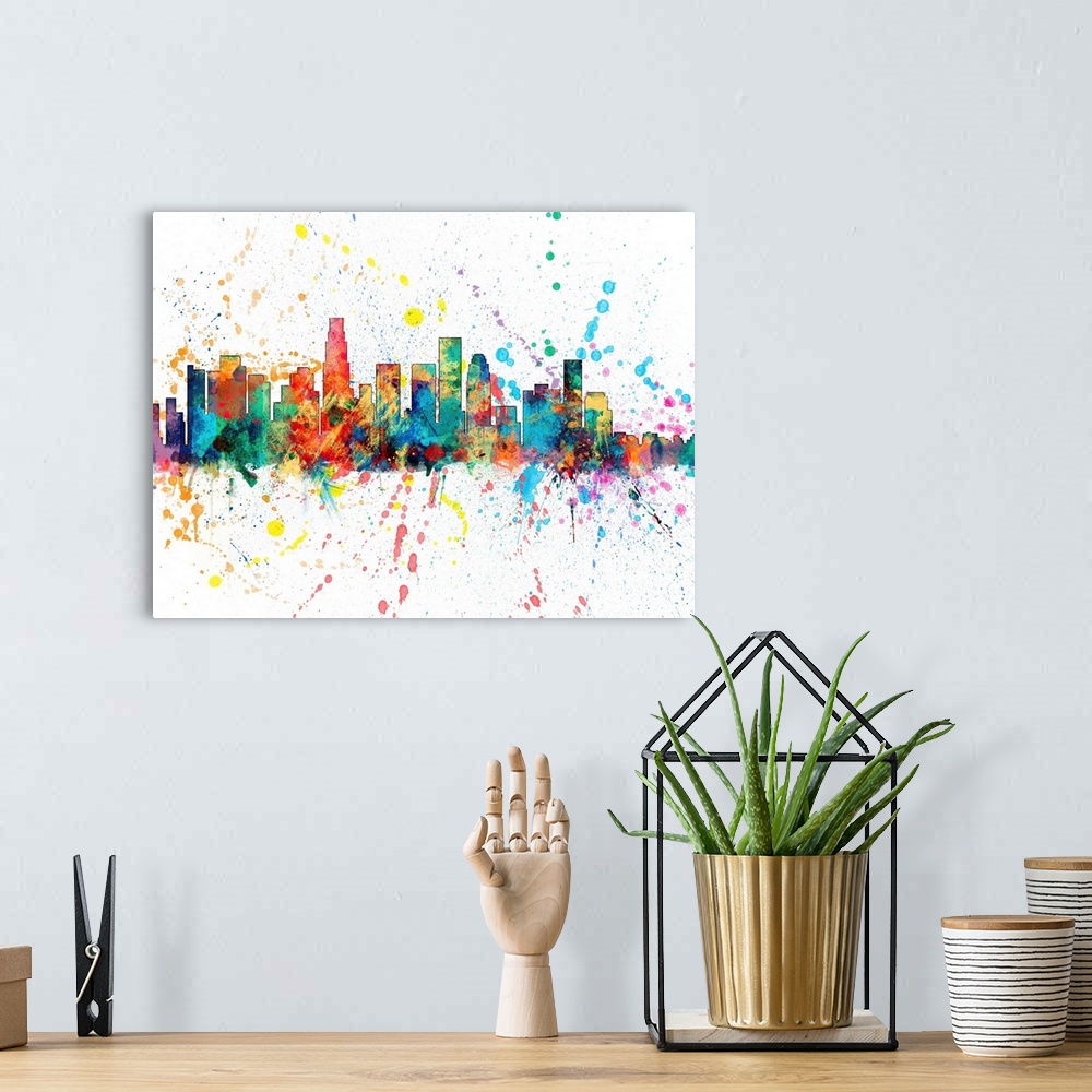 A bohemian room featuring Wild and vibrant paint splatter silhouette of the Los Angeles skyline.