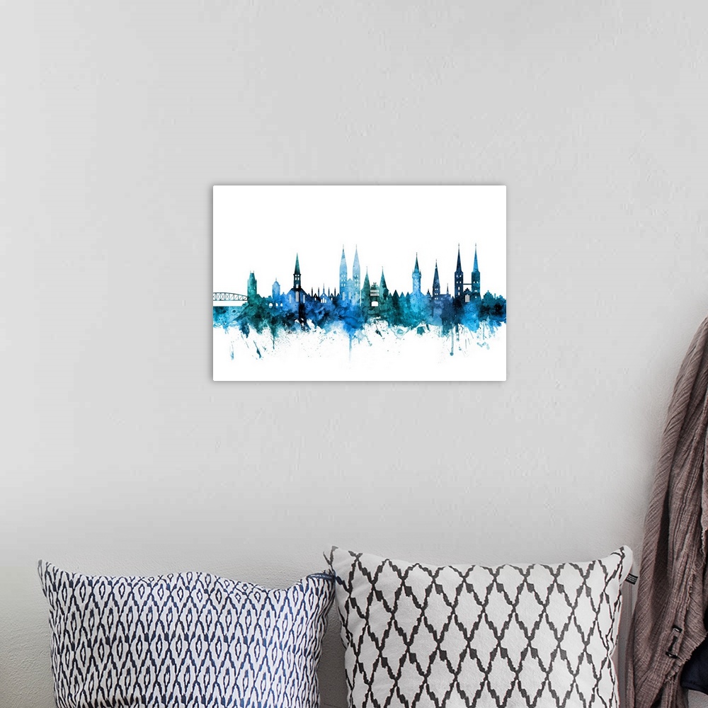 A bohemian room featuring Watercolor art print of the skyline of Lubeck, Germany.