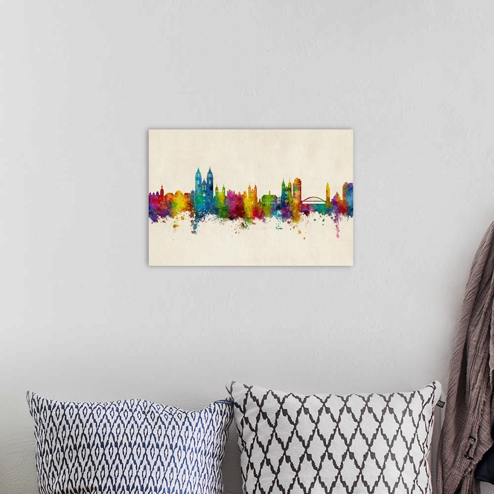A bohemian room featuring Watercolor art print of the skyline of Magdeburg, Germany