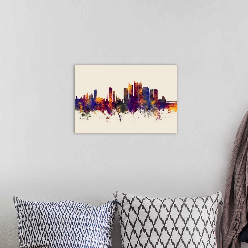 A bohemian room featuring Watercolor art print of the skyline of Manila, Philippines
