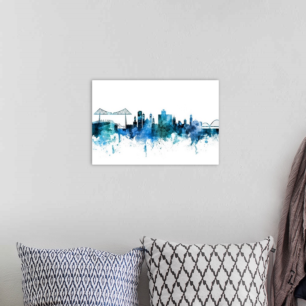 A bohemian room featuring Watercolor art print of the skyline of Middlesbrough, England, United Kingdom.