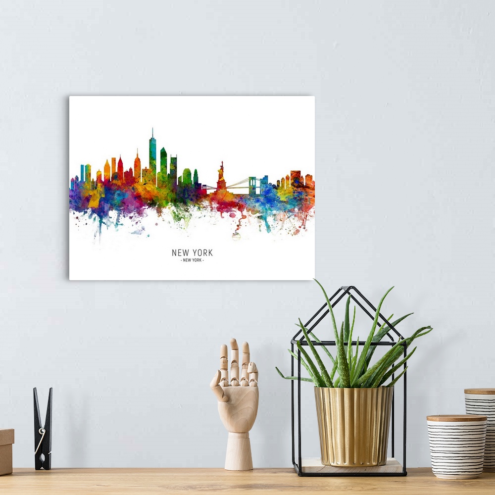 A bohemian room featuring Watercolor art print of the skyline of the City of New York, New York, United States.