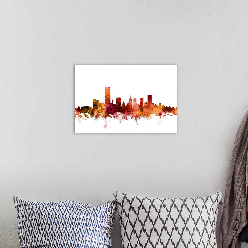 A bohemian room featuring Watercolor art print of the skyline of Oklahoma City, United States.