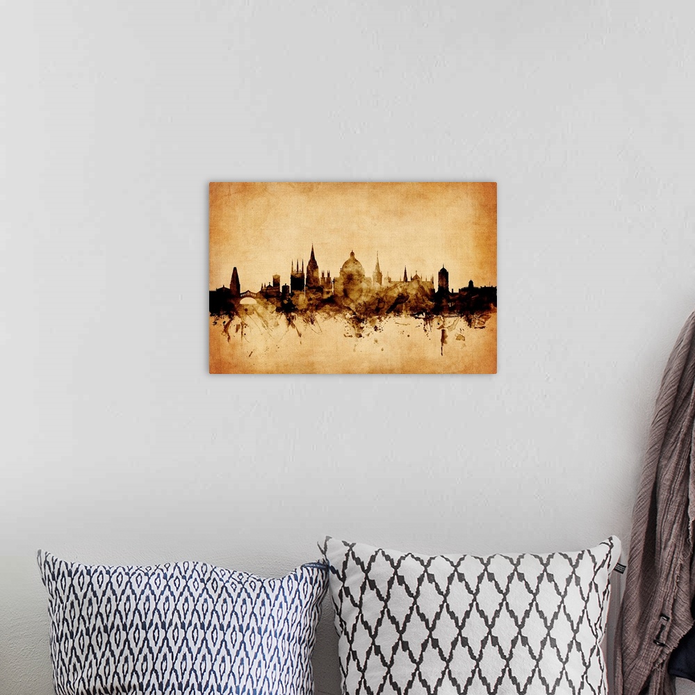 A bohemian room featuring Contemporary artwork of the Oxford city skyline in a vintage distressed look.