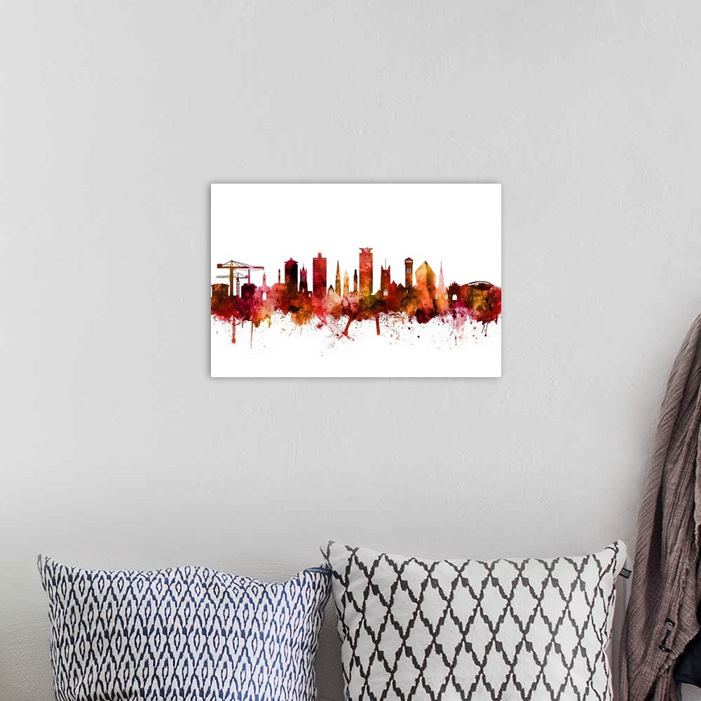 A bohemian room featuring Watercolor art print of the skyline of Plymouth, England, United Kingdom.