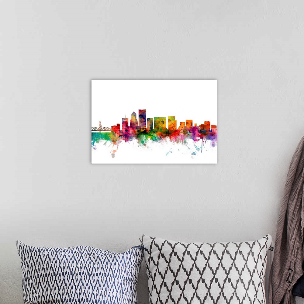 A bohemian room featuring Watercolor artwork of the Portland skyline against a white background.