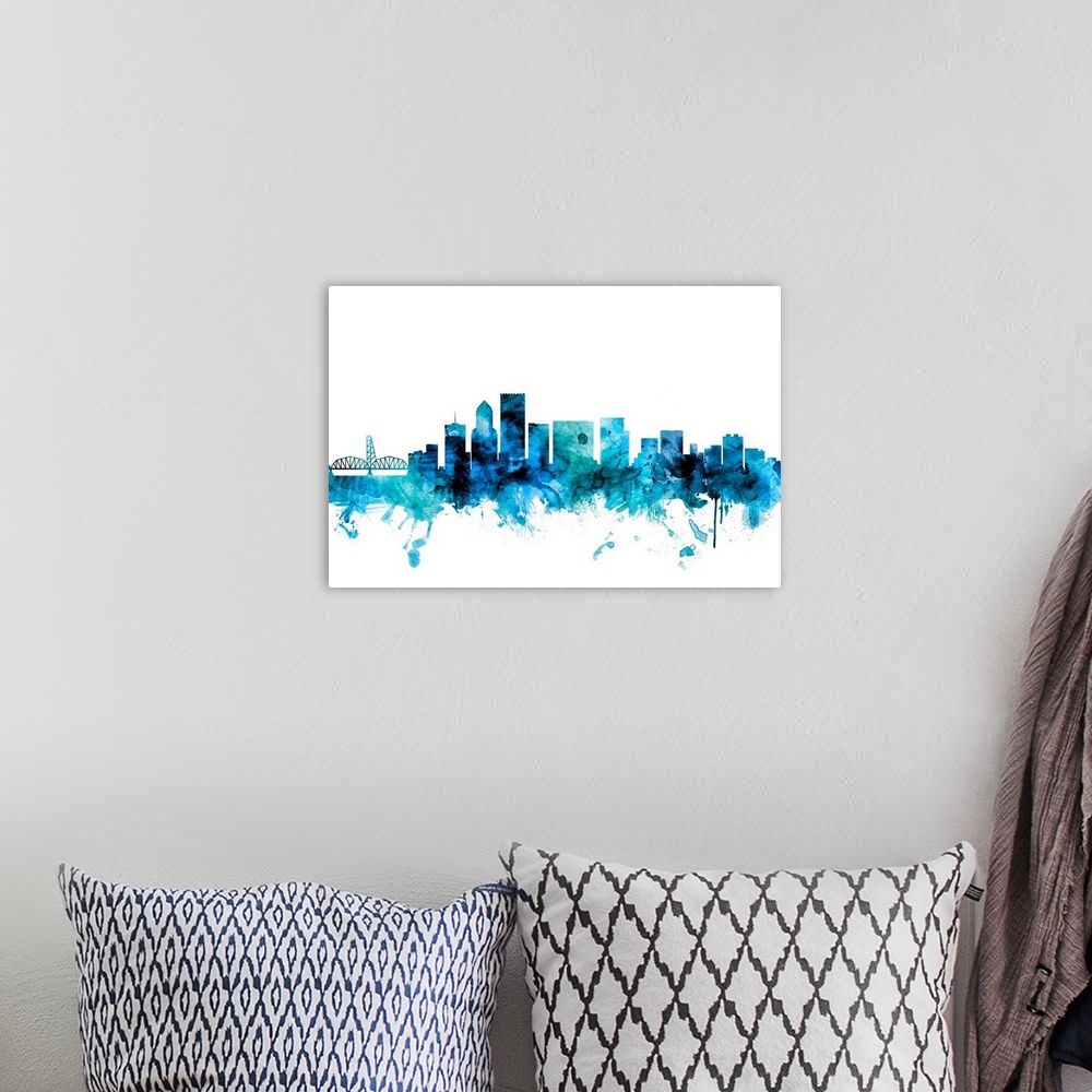 A bohemian room featuring Watercolor art print of the skyline of Portland, Oregon, United States.