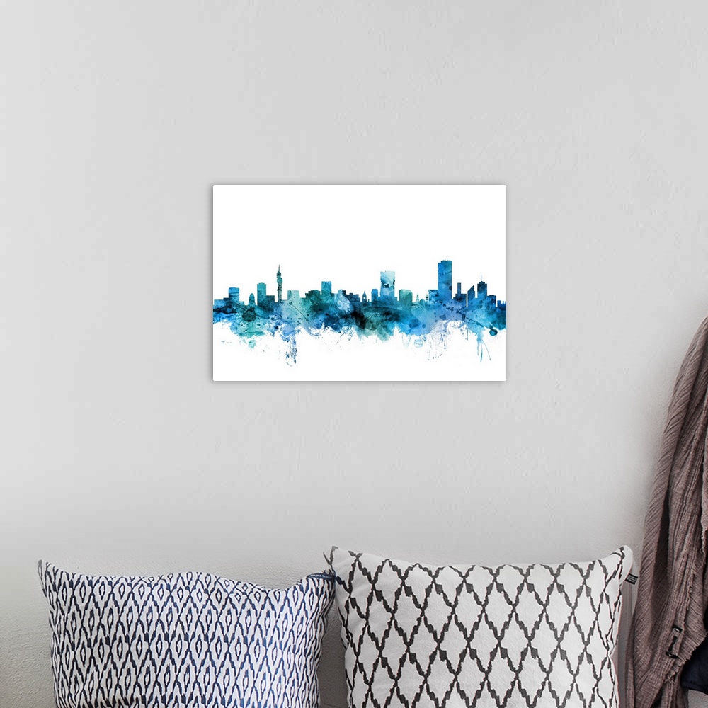 A bohemian room featuring Watercolor art print of the skyline of Pretoria, South Africa.