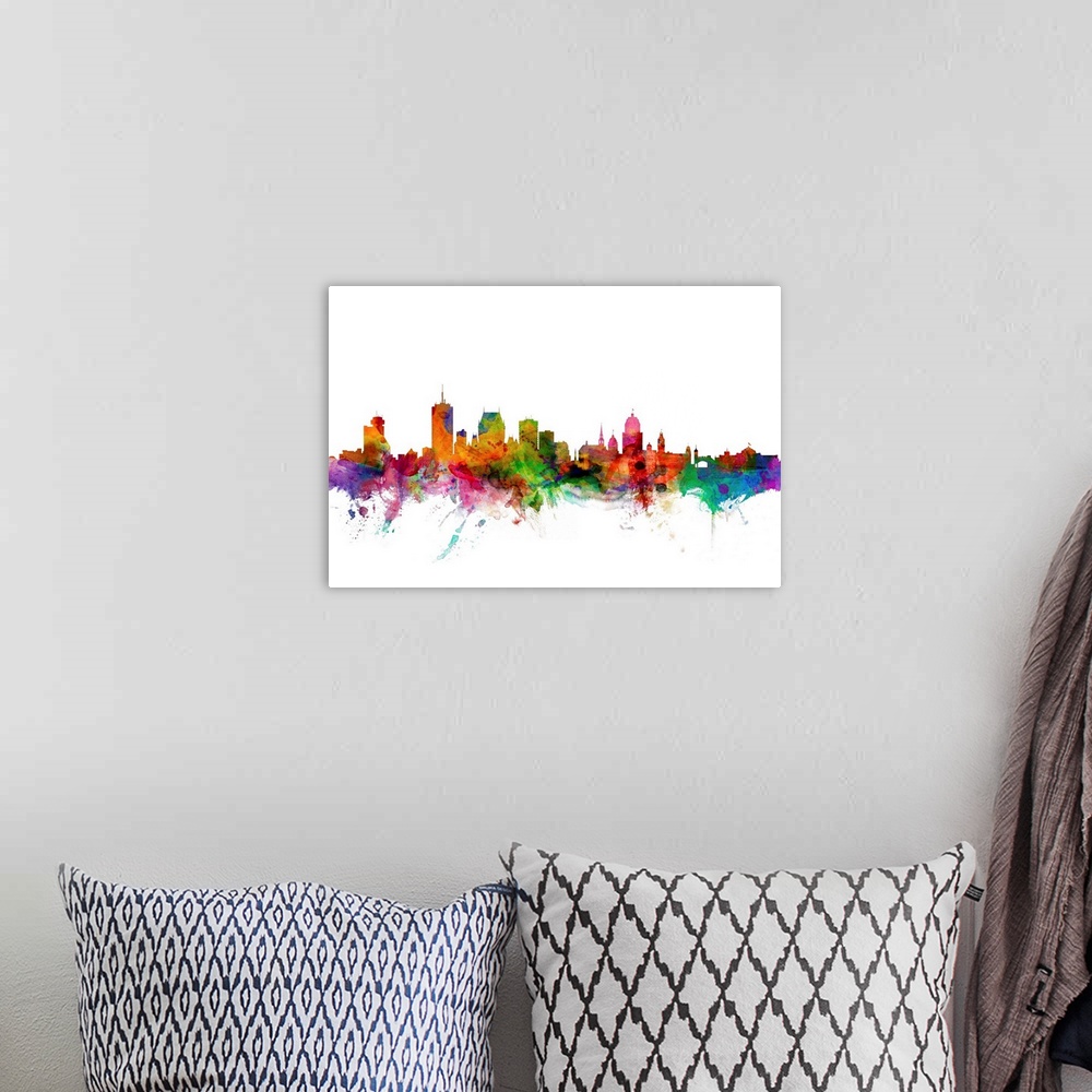 A bohemian room featuring Watercolor artwork of the Quebec skyline against a white background.