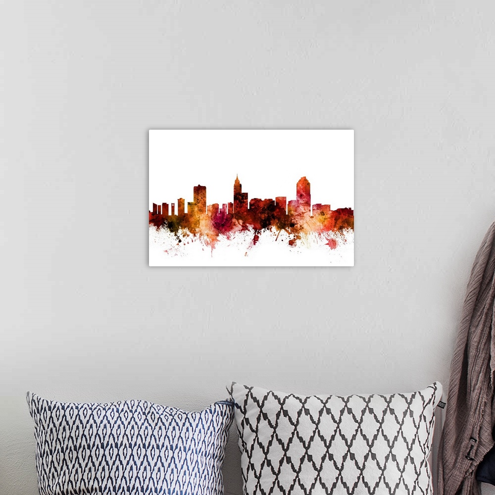 A bohemian room featuring Watercolor art print of the skyline of Raleigh, North Carolina, United States.