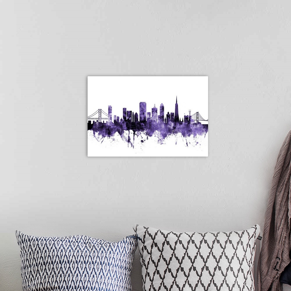 A bohemian room featuring Watercolor art print of the skyline of San Francisco, California, United States