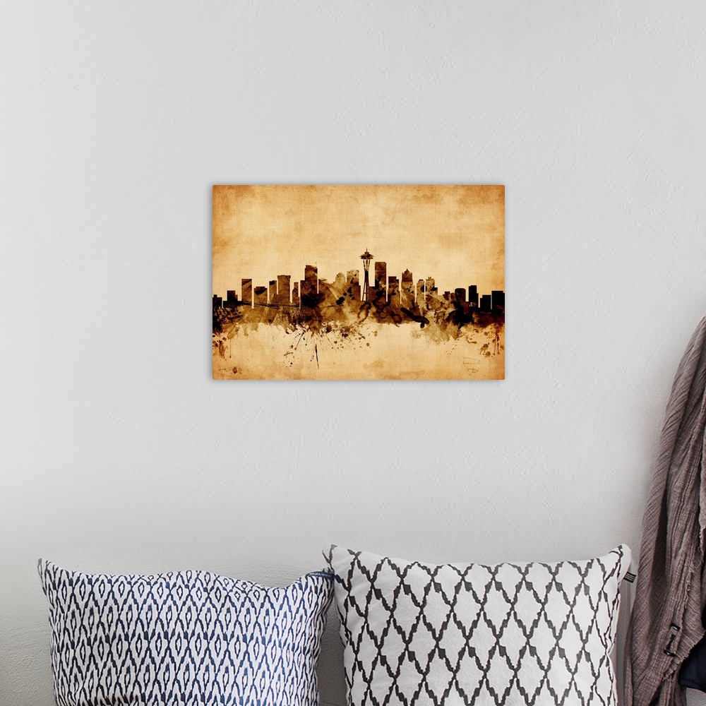 A bohemian room featuring Contemporary artwork of the Seattle city skyline in a vintage distressed look.