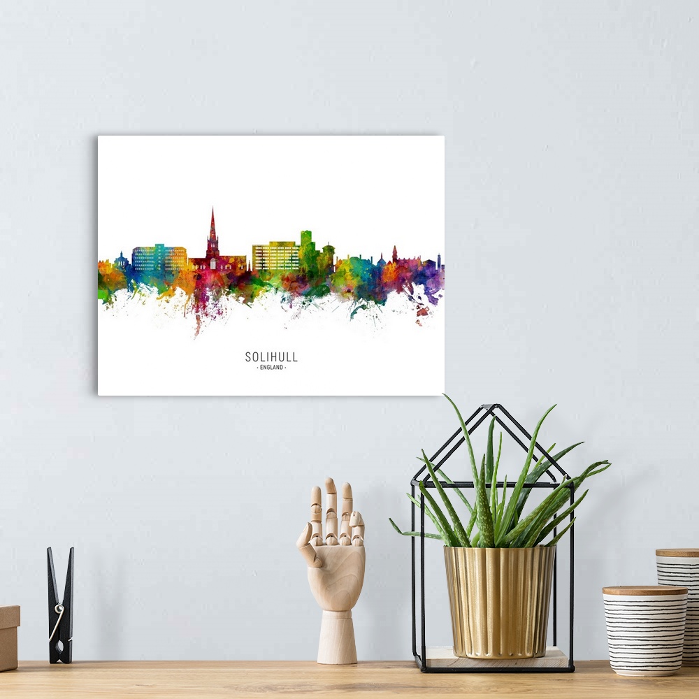 A bohemian room featuring Watercolor art print of the skyline of Solihull, England, United Kingdom