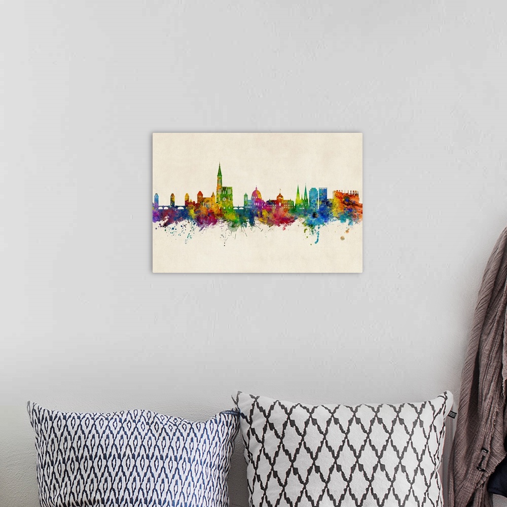 A bohemian room featuring Watercolor art print of the skyline of Strasbourg, France