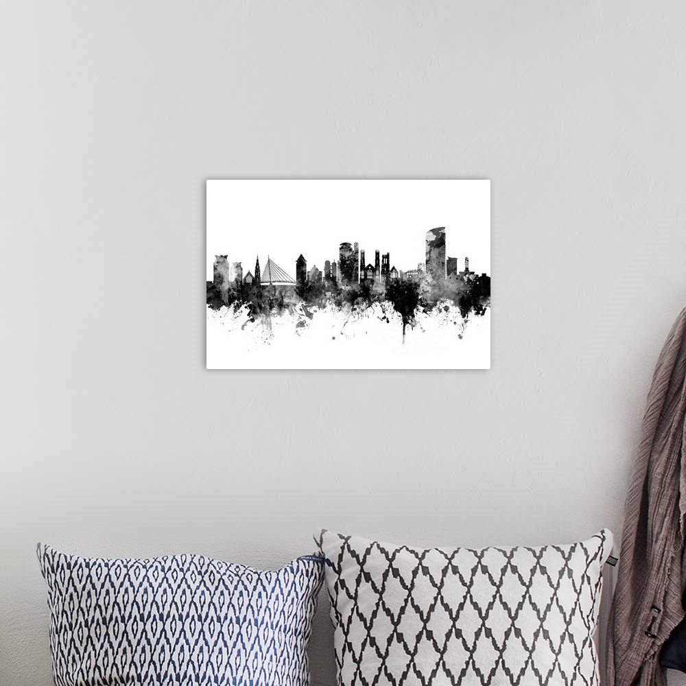 A bohemian room featuring Watercolor art print of the skyline of Swansea, Wales, United Kingdom.