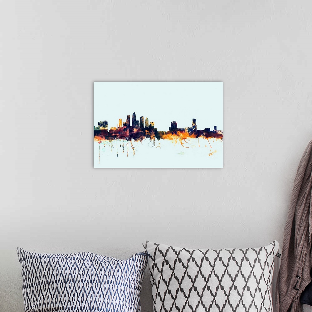 A bohemian room featuring Dark watercolor silhouette of the Tampa city skyline against a light blue background.