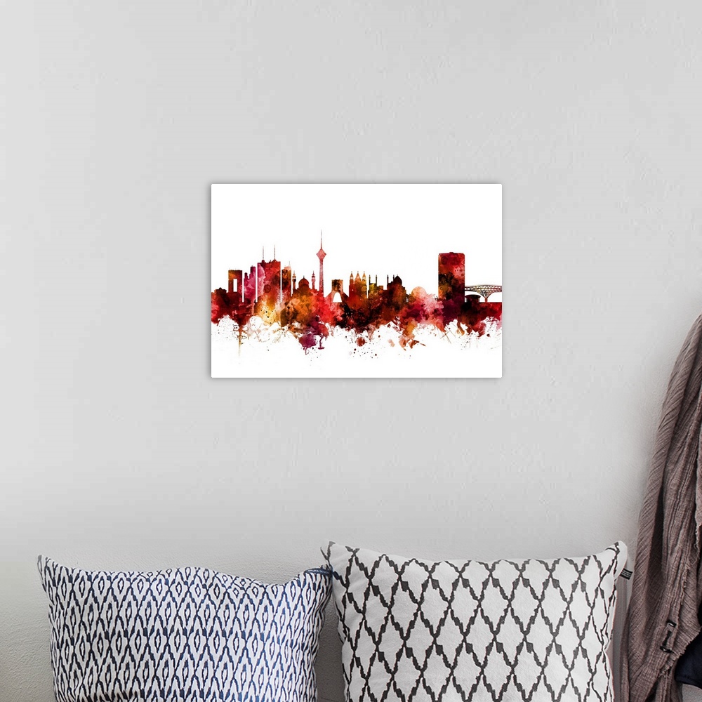 A bohemian room featuring Watercolor art print of the skyline of Tehran, Iran.