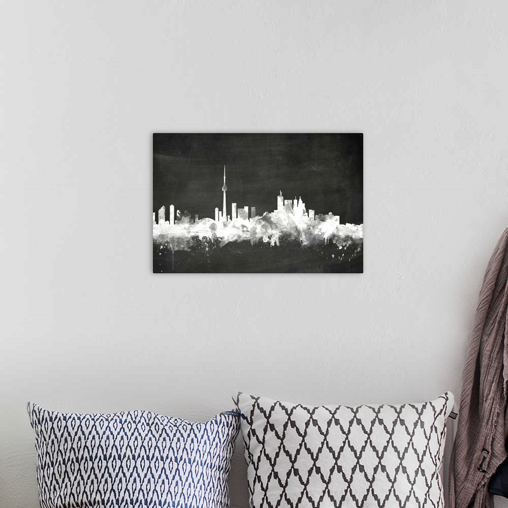 A bohemian room featuring Smokey dark watercolor silhouette of the Toronto city skyline against chalkboard background.
