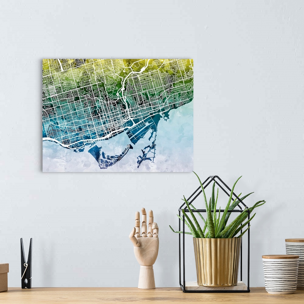 A bohemian room featuring Contemporary watercolor city street map of Toronto.