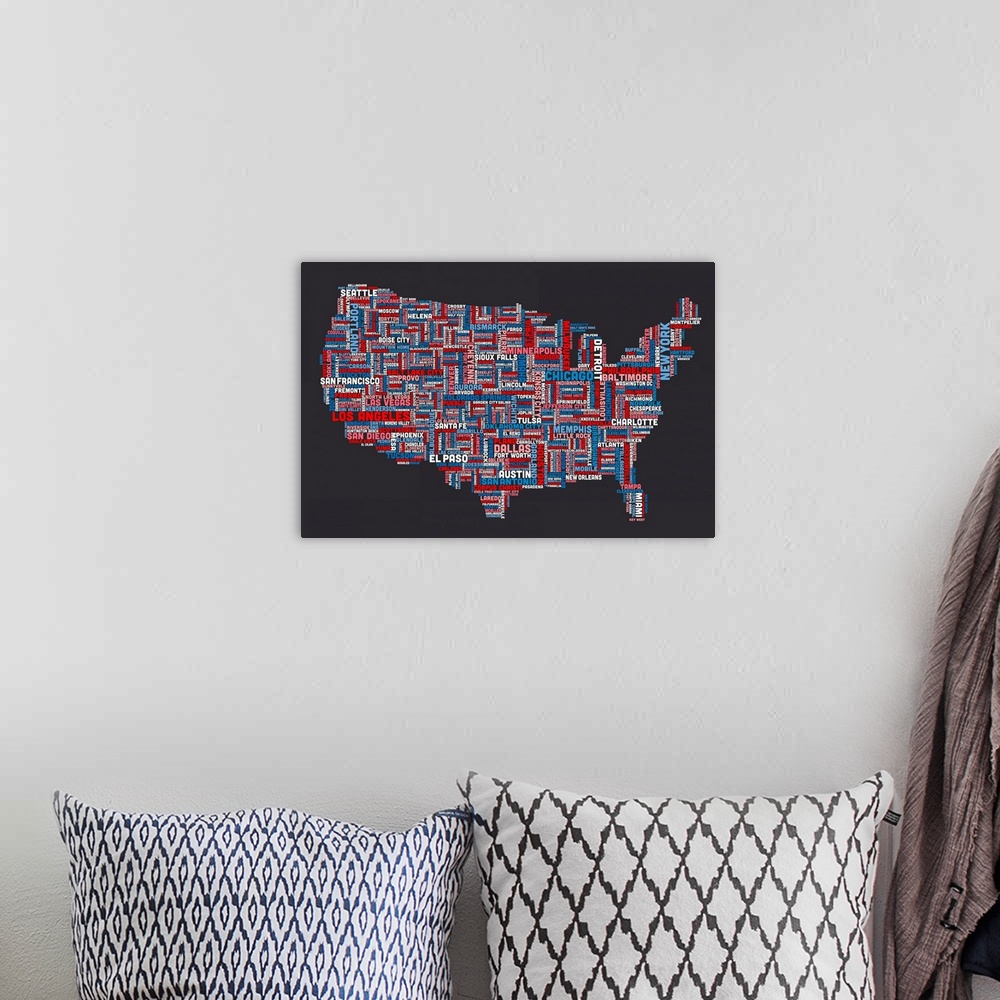 A bohemian room featuring Some of the most populated cities in the US are written out to outline a map of the US.