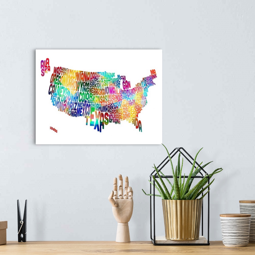 A bohemian room featuring United States Typography Text Map