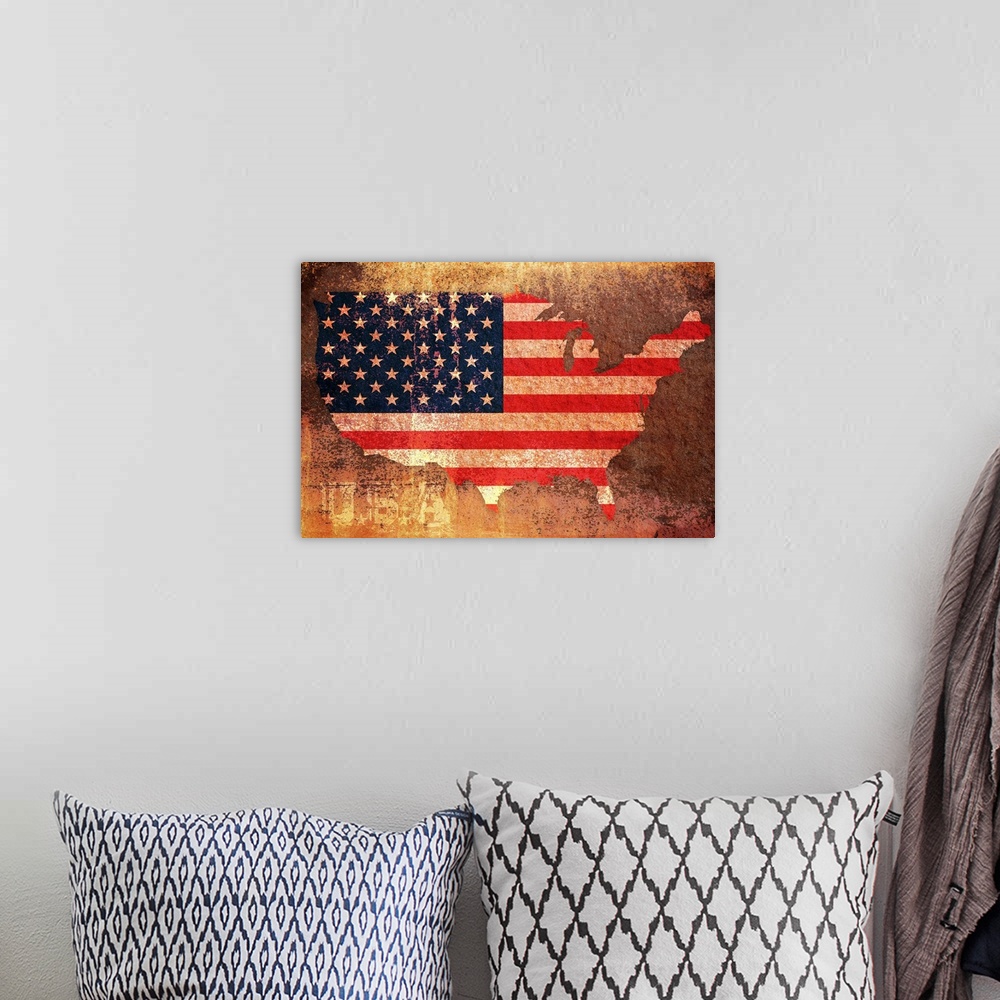 A bohemian room featuring Big illustration depicts a map of the United States filled in with an American flag and text belo...
