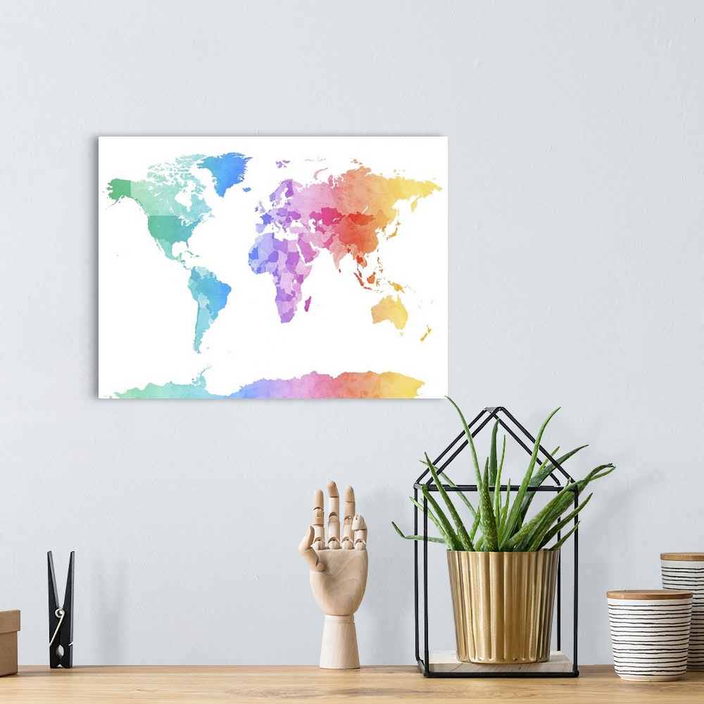 A bohemian room featuring Watercolor art world map against a white background.