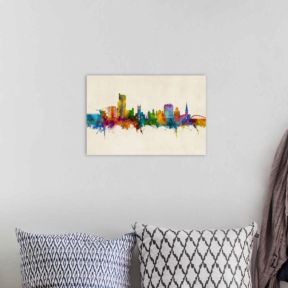 A bohemian room featuring Watercolor art print of the skyline of Wolverhampton, England, United Kingdom