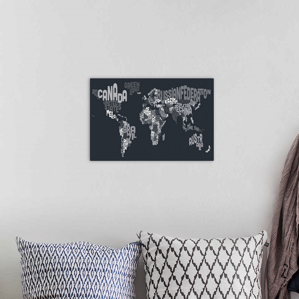 A bohemian room featuring World Map made up of country names