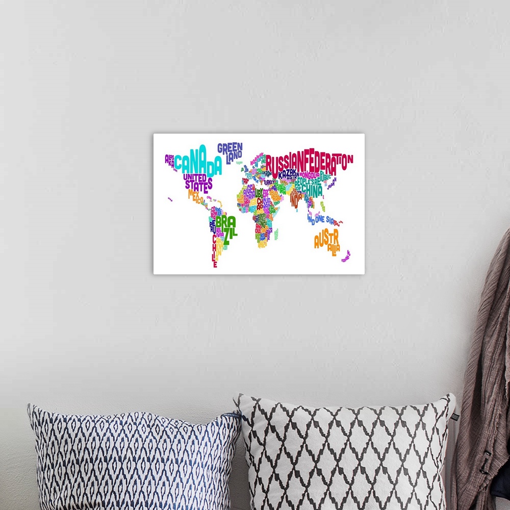 A bohemian room featuring Typographic and geographic wall art for the colorful and minimalist decorator this horizontal pos...
