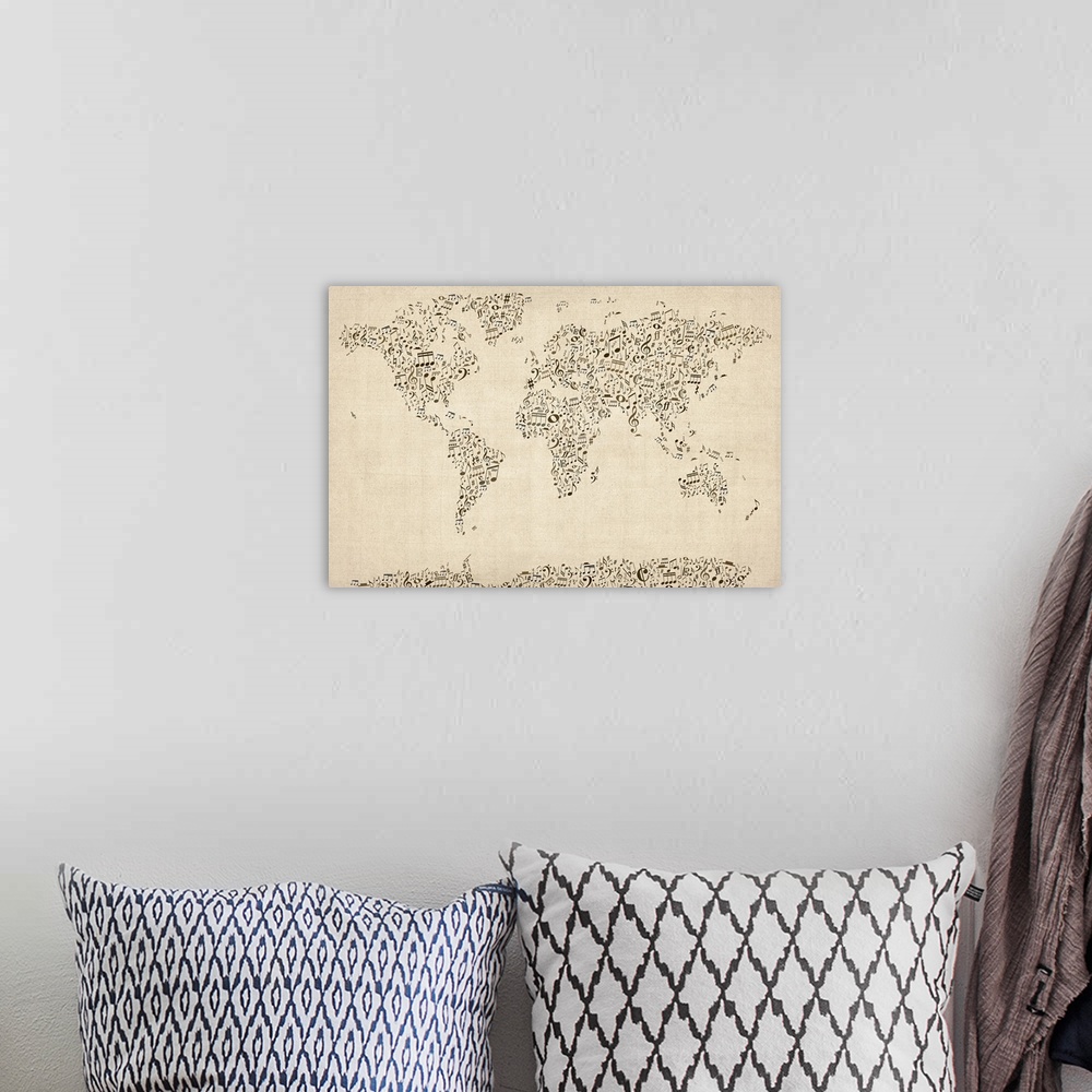 A bohemian room featuring Large canvas of the a map of the world represented as musical notes.