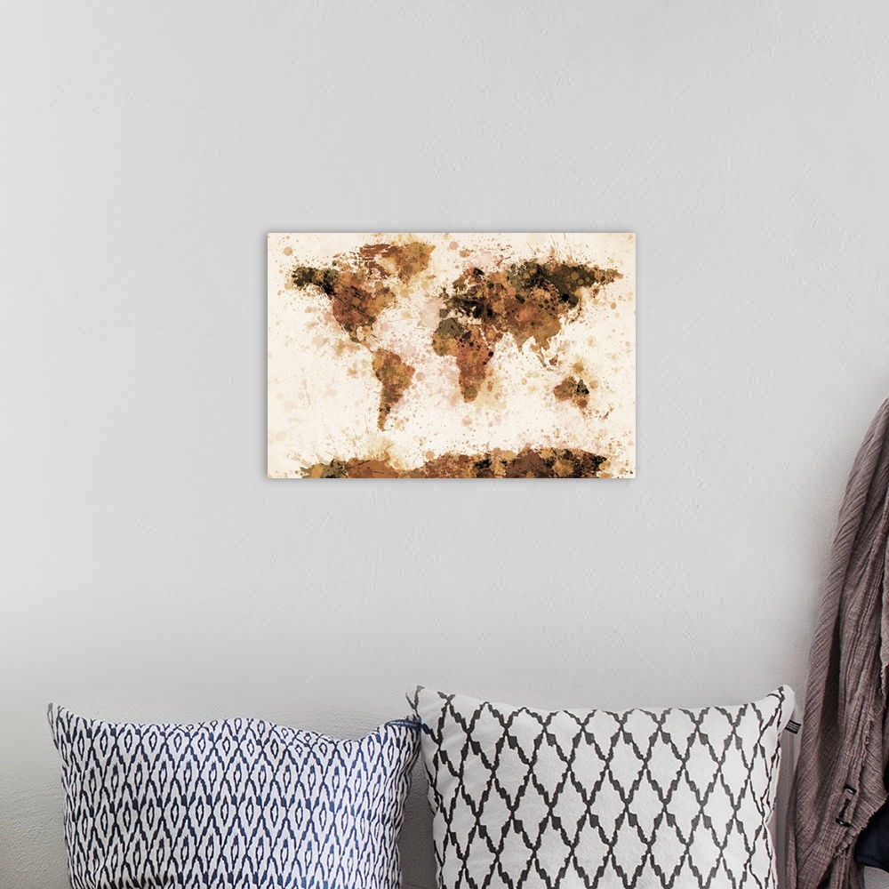 A bohemian room featuring Map of the world with its continents made of varying shades of ink splatters.