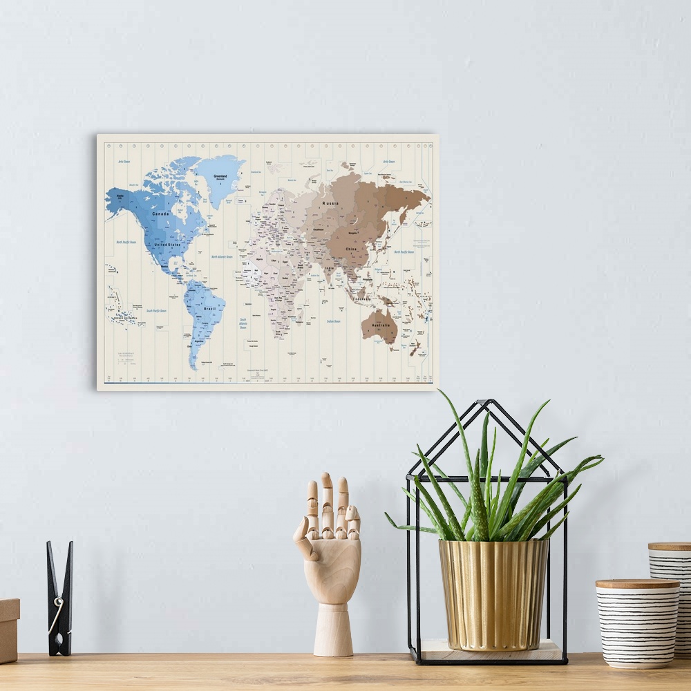 A bohemian room featuring A large oversize piece of a world map that is split up by time zones.