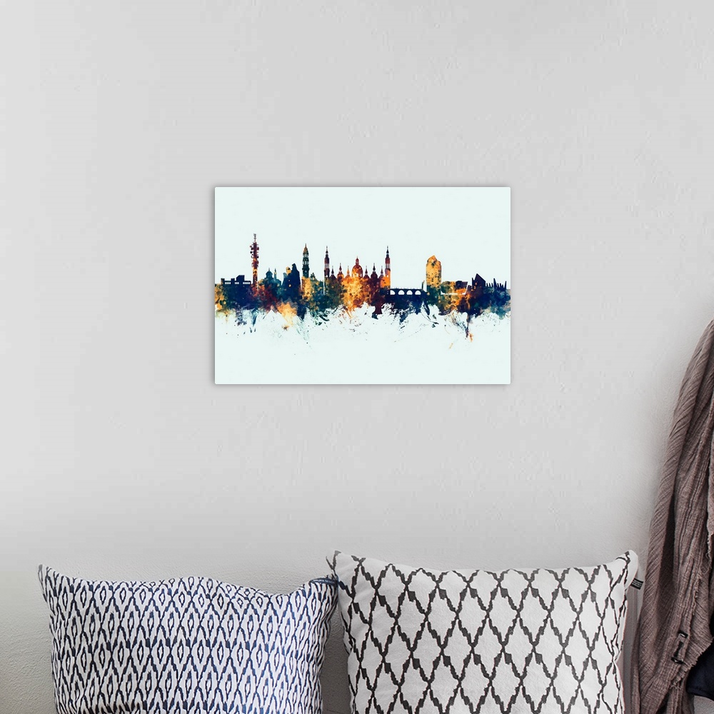 A bohemian room featuring Watercolor art print of the skyline of Zaragoza, Spain
