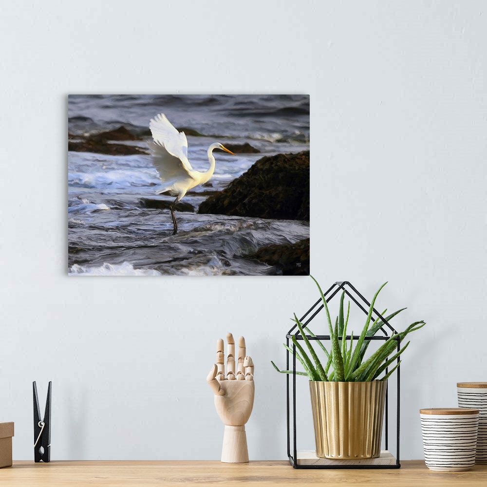 A bohemian room featuring A great egret dances on the waves at Cypress Point in Pebble Beach. Its radiant warm colors compl...