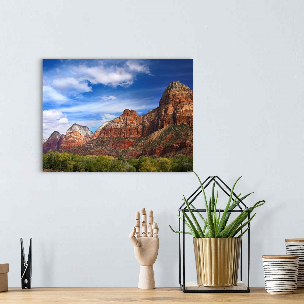 A bohemian room featuring Large photograph of canyon mountains and desert underbrush growth on a sunny day.