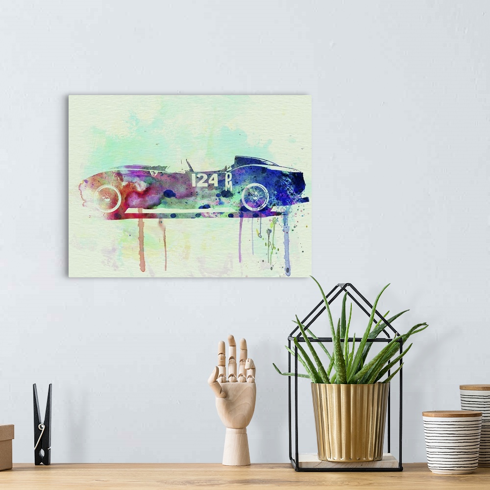 A bohemian room featuring Watercolor painting of a vintage Ferrari racing car with paint splatters and drips coming from th...