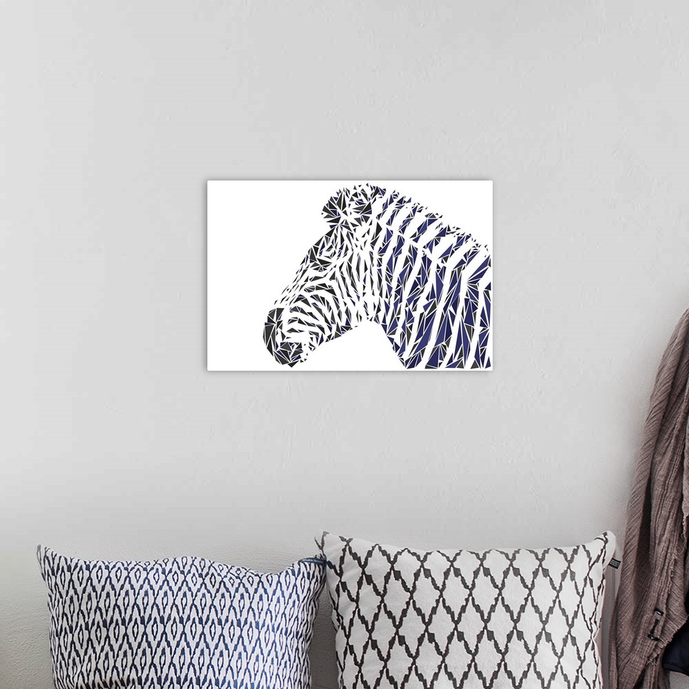 A bohemian room featuring A striped zebra made up of triangular geometric shapes.