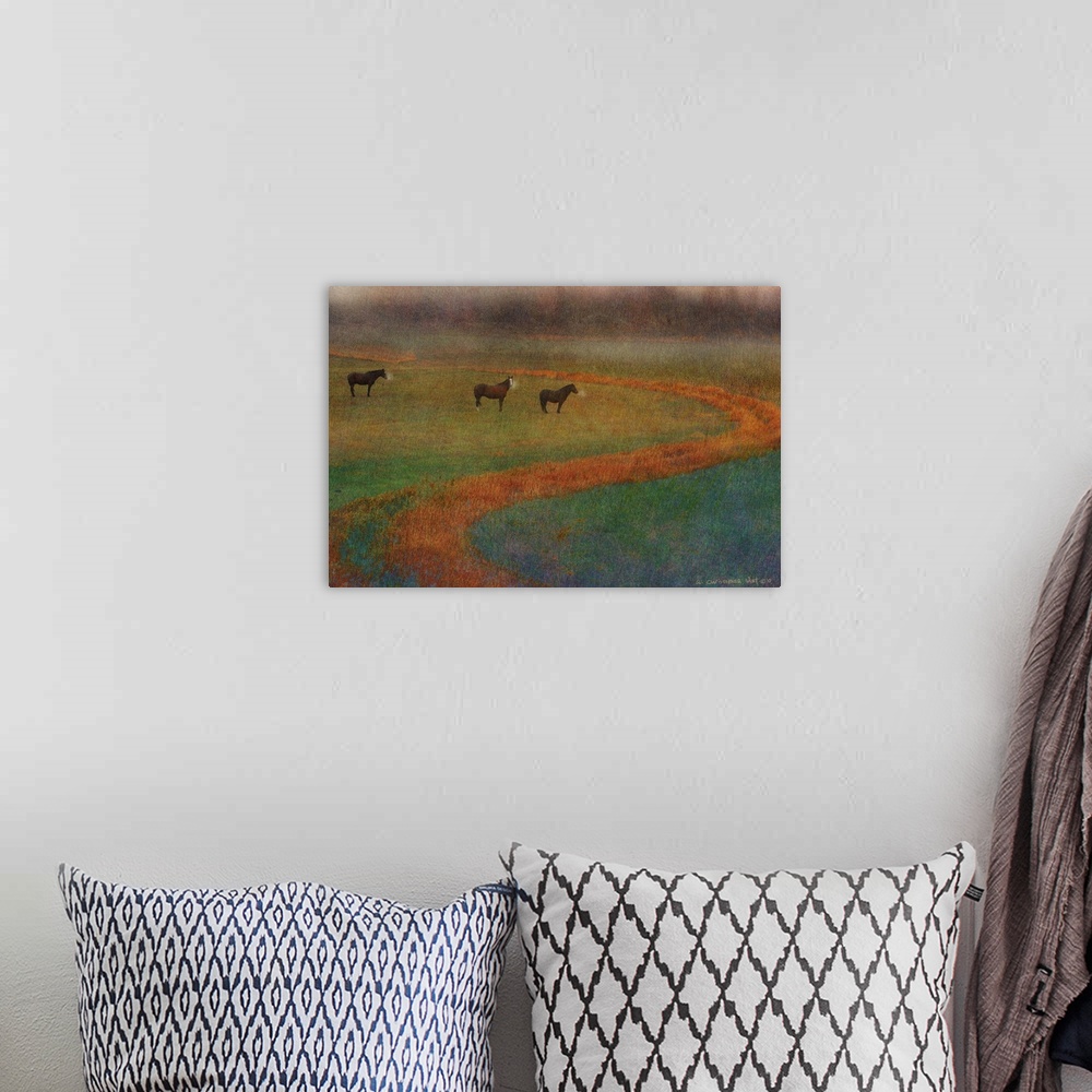 A bohemian room featuring Contemporary artwork of three horses standing in a misty field.