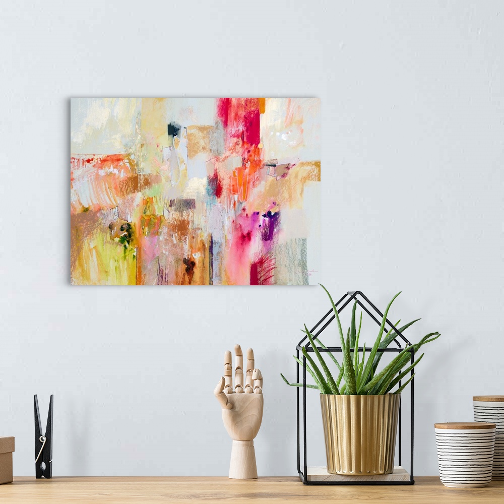A bohemian room featuring Contemporary abstract art, originally in acrylic and watercolor, of angular shapes in red and yel...