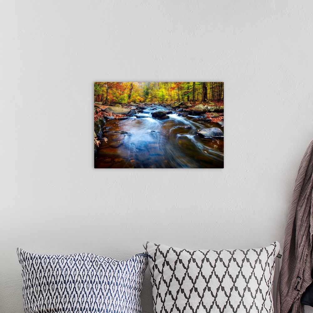 A bohemian room featuring Rushing water in a river in a forest in autumn, New Jersey.