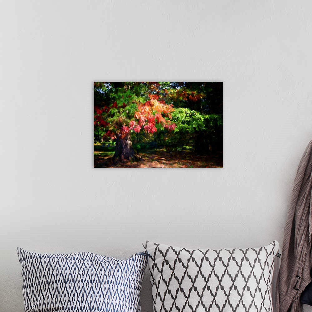A bohemian room featuring Expressionist photo or painterly of an oak tree in autumn