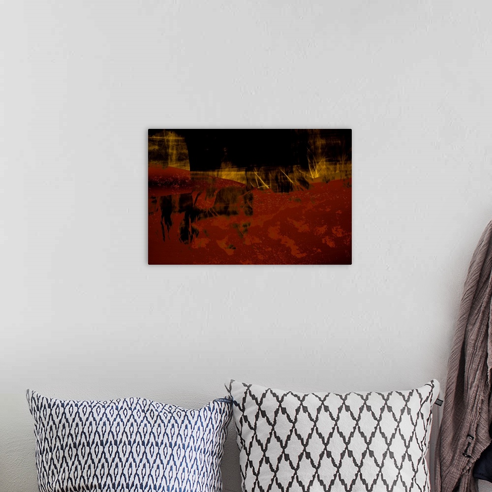 A bohemian room featuring Abstract image with deep red, black, and golden hues layered together to create texture.