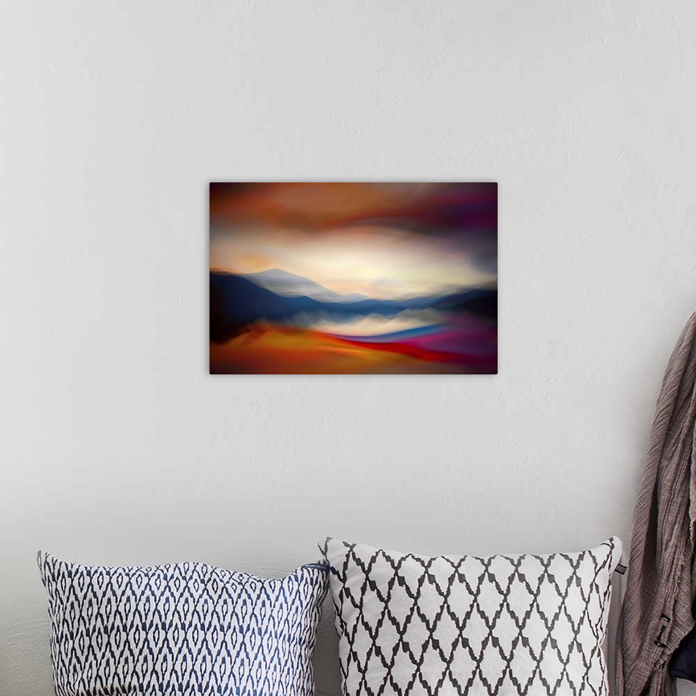 A bohemian room featuring Abstract image of Slocan Lake, giving an impression of a sunset over the lake. The image is a com...