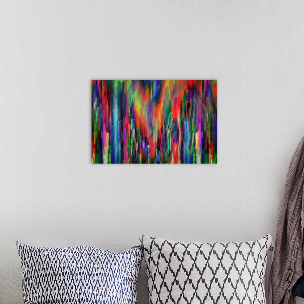 A bohemian room featuring Technicolor neon lights from a city scene warped into abstract shapes to create a mosaic-like image.